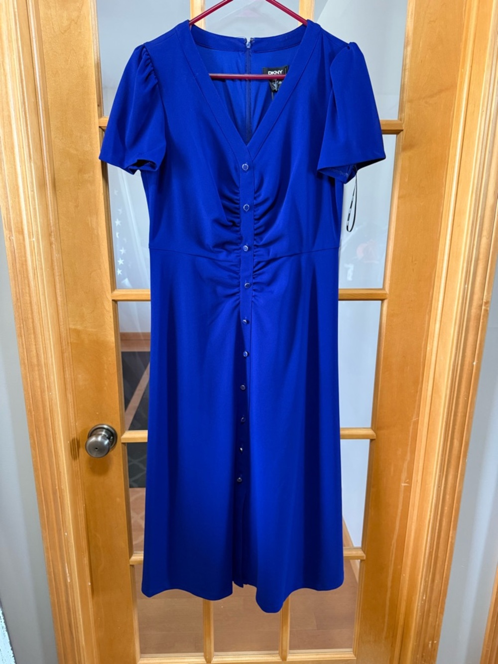 DKNY Cobalt Blue Midi (False) Button-Front V-Neck Dress